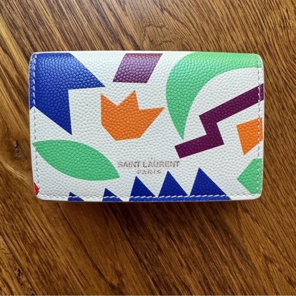 Saint Laurent Grained Calfskin Paris Petite Compact Wallet in White Multicolor - Picture 1 of 11